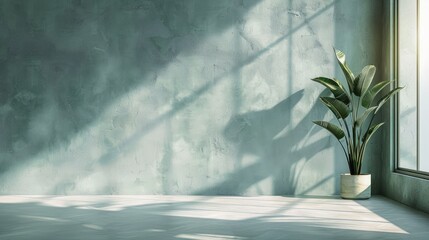 Wall Mural - a minimalistic modern room with some foliage. Faded light blue walls with natural light and no wall decor 