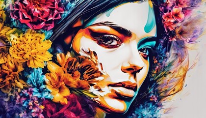 Canvas Print - abstract portrait of a woman with flowers, pretty woman portrait, colored abstract portrait of woman