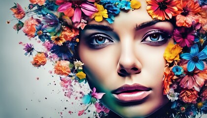 Wall Mural - abstract portrait of a woman with flowers, pretty woman portrait, colored abstract portrait of woman