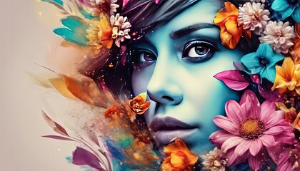 Wall Mural - abstract portrait of a woman with flowers, pretty woman portrait, colored abstract portrait of woman