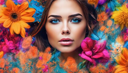 Wall Mural - abstract portrait of a woman with flowers, pretty woman portrait, colored abstract portrait of woman