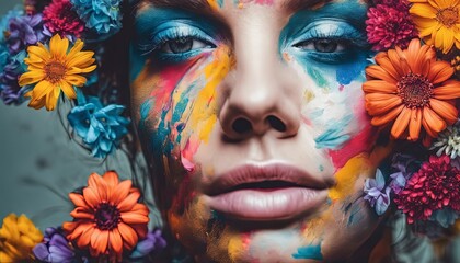 Wall Mural - abstract portrait of a woman with flowers, pretty woman portrait, colored abstract portrait of woman