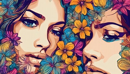 Wall Mural - abstract portrait of a woman with flowers, pretty woman portrait, colored abstract portrait of woman