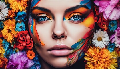 Wall Mural - abstract portrait of a woman with flowers, pretty woman portrait, colored abstract portrait of woman