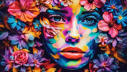 Wall Mural - abstract portrait of a woman with flowers, pretty woman portrait, colored abstract portrait of woman