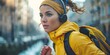 © Bussakon - Woman Running in the Rain with Headphones, To convey a sense of determination, resilience, and enjoyment of the outdoors