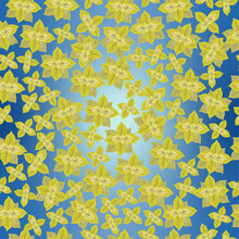Seamless Pattern With Yellow Green Leaves On A Beautiful Blue Background. Vector Graphic For Fabric, Background Or Packaging