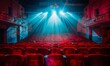 A dramatic rendering of a movie theater auditorium, with empty seats shrouded in darkness and a beam of light from the projector illuminating the screen