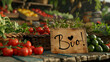 Regionaler Bioladen / Bauernmarkt, Supermarkt, einkaufen, vegetarisch, vegan Essen Hintergrund- Schild mit dem Text 