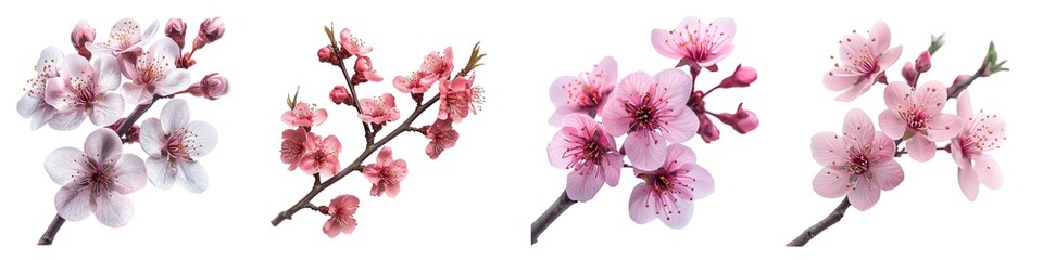 Wall Mural - Set of pink cherry blossoms isolated on transparent background