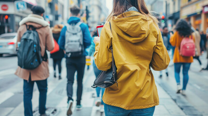 people walking outdoors at the city street holding their smartphone