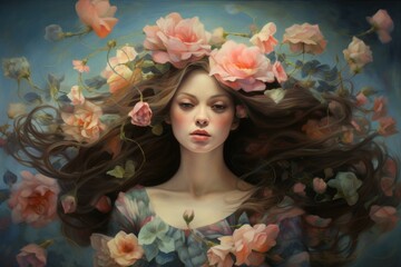 Wall Mural - Portrait of a brunette with flowers in long hair, spring mood 