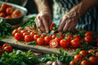 A chef slicing tomatoes, close to the hands, warm hard light, on a wooden board, kitchen countertop, many vegetables on the counter