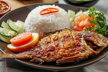 Poster - A plate of fish and rice with a side of vegetables