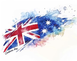 Canberra day - calligraphy text with abstract watercolor painted Australia flag.