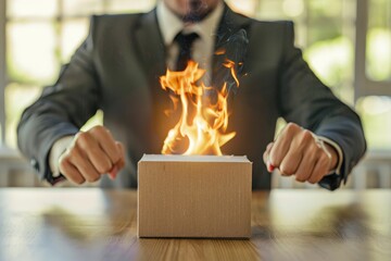 Sticker - A man in a suit is holding a box that is on fire