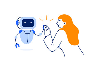 A woman gives a high five to the AI assistant. A friendship with modern technology concept. Vector flat illustration isolated on a white background.