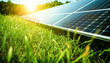 A large solar panel farm in a lush green field, generating clean, renewable energy from the sun