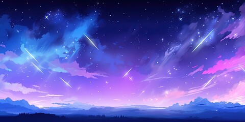 Poster - Heavenly sky. Sky of shooting stars, meteor shower, wide format background illustration. Space spectacle.