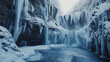 Winter Wonderland Waterfall: Magical Scene with Snow and Ice Creating Frosty Atmosphere