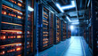 Futuristic server room 3D rendering image of a modern data center with rows of server racks and bright lights