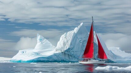 Wall Mural - a sailboat with red sails sailing next to an iceberg in Antarctica 