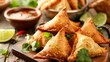 delicious samosas with sauce in indian restaurant