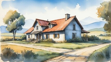 Wall Mural - Watercolor architectural illustration of a house in rural area from Generative AI