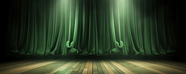 Poster - Empty green curtain stage wooden floor with spotlight