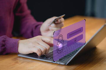 Poster - Customers purchase products online, pay securely via credit card, and are assured by the sign of a security protection system on the virtual screen.