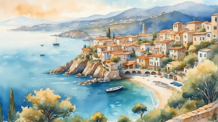 Wall Mural - Watercolor painting illustration of panoramic landscape view of mediterranean village at seaside from Generative AI