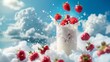 Milk splash with strawberry Splash explosion  in a clear glass cup with Bright sky background