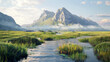 Serene morning landscape with misty mountains and a calm river.