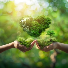 two hands holding earth globe and heart shape of tree over blurred green nature background