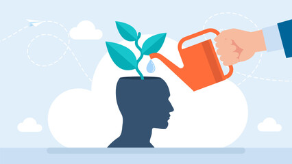 Personal growth concept. Man with watering can waters brain. Personal growth, Self improvement, Development or improvement of personal concept. Learning professional level. Vector illustration