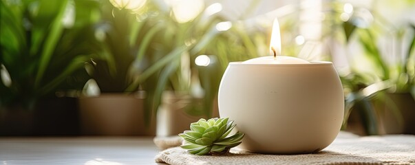 Wall Mural - Serene meditation and wellness. Calm candle with plants and soft light. Space for writing