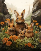 Three Rabbits Sitting Surrounded By Vivid Orange Flowers With A Fairytale Castle In The Background