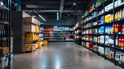 warehouse shelves stocked with products