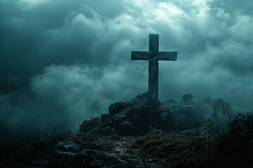 View of religious cross on top of mountain with sky and clouds. Generative Ai