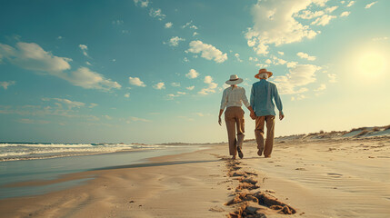 Close-up and portrait of two happy and active Elderly people having fun and enjoying themselves on the beach, elderly people outdoors enjoying a vacation together