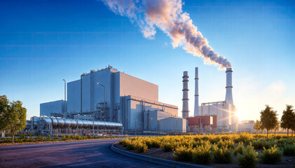 A large industrial power plant with smoke coming out of the smokestacks and factory is located in a rural area with a road in the foreground