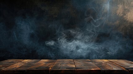 Poster - On a black background, an empty wooden table with smoke floats up. Empty space for displaying your products, with a smoke float up on a dark background. Space available for displaying your products