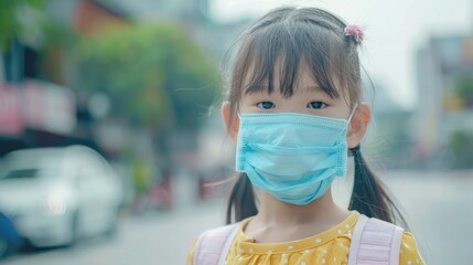 Portrait Asian children girl wear mask to protect PM 2.5 dust and air pollution. Portrait of Thai student wearing protection mask bad weather, concept of Corona virus quarantine