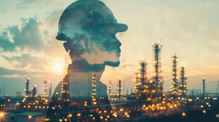 Canvas Print - Double exposure of Engineer with safety helmet with oil refinery industry plant background