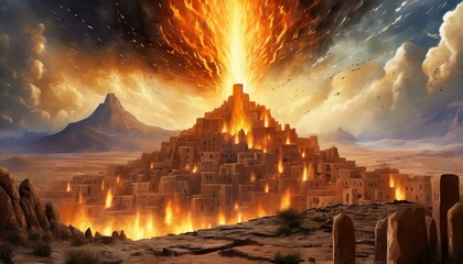 Wall Mural - Sodom and Gomorrah Burning. Story in Genesis in the Bible. God Burns Sodom.