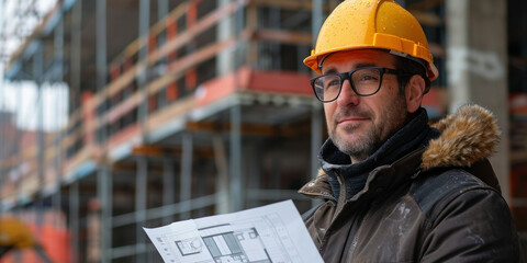 Construction worker inspecting plans at construction site with hard hat and glasses holding paper