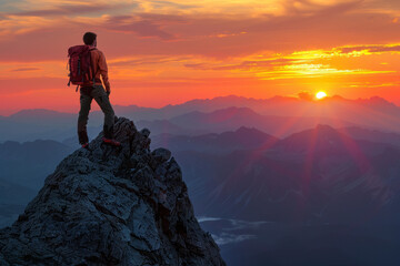 A man on top of a mountain with the sun setting behind him. Generative Ai