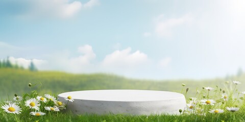 Wall Mural - White stone podium on green meadow with grass and flowers ready for product placement, freshness and natural product concepts