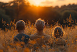 Fototapeta Tulipany - Affectionate family relationship in a field during sunset. Generative Ai