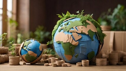 Wall Mural - Earth conservation and recycling. Environmental concept, cardboard earth, ecological symbolism, recycling initiative and nature created with generative ai.